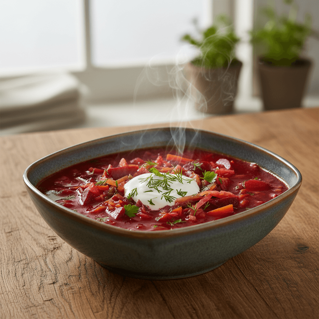 Vegetarian borsch with visible vegetables
