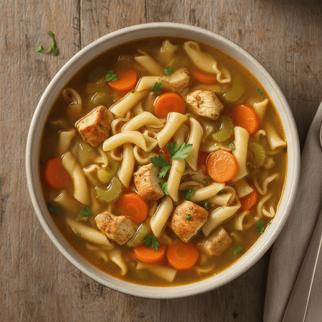 Chicken noodle soup overhead view