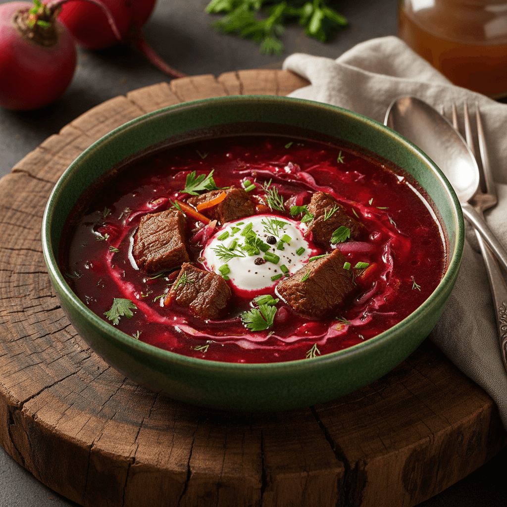 Beef borsch soup in ceramic bowl