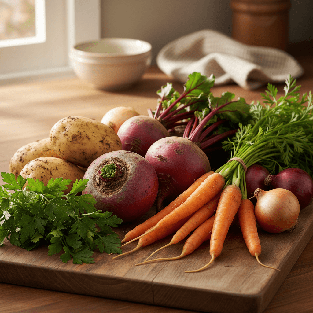Hands arranging fresh organic vegetables on wooden cutting board with natural morning light
