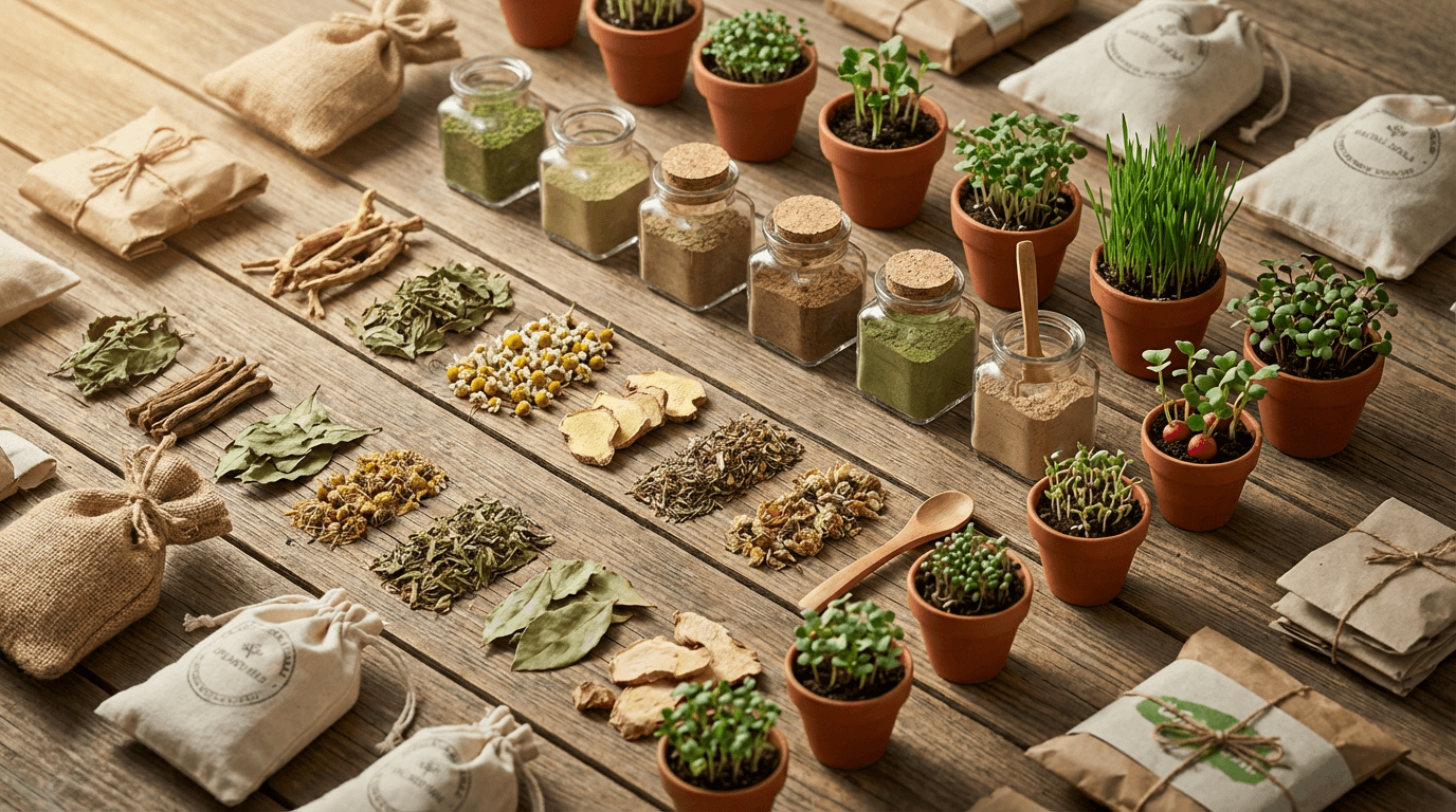 Artfully arranged natural botanical ingredients and plant-based materials on wooden surface with warm side lighting