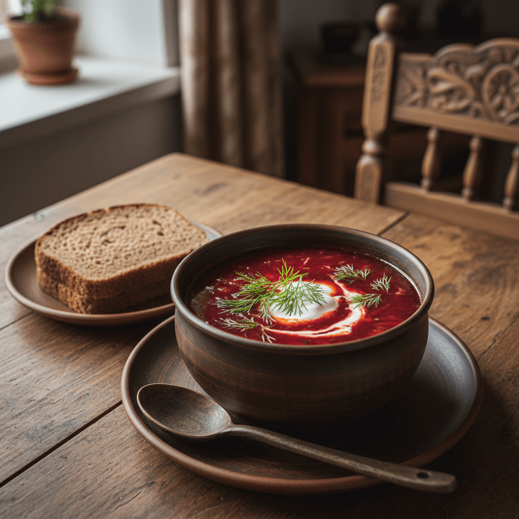 Premium soup ingredients and finished borsch displayed on rustic wood table with natural lighting