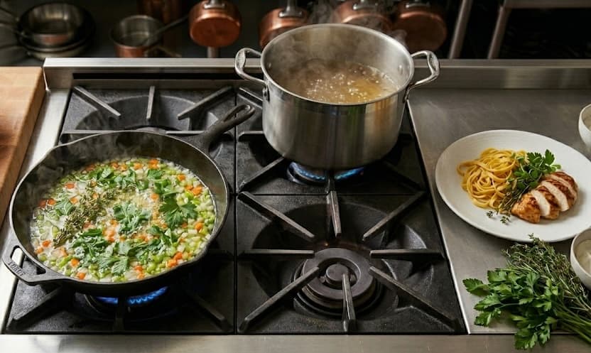 Simmering vegetable sauce and boiling water on a stove next to plated chicken and pasta.